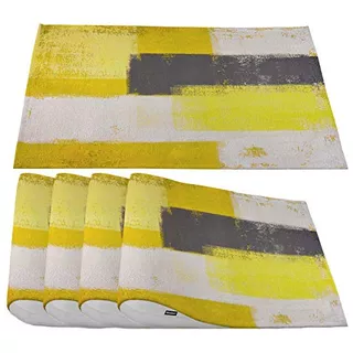Grey And Yellow Placemats, Abstract Lines Grunge Painti...