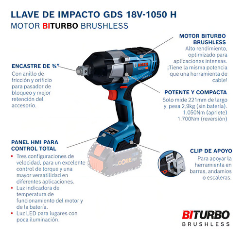 Llave De Impacto Inalámbrica 18v Sb Bosch Gds 18v-1050 H