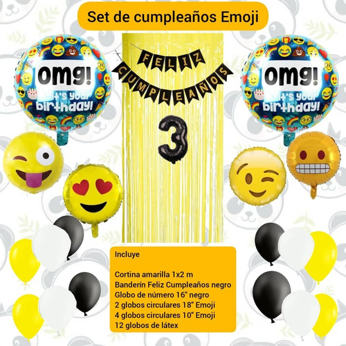 Combo Decoración Cumpleaños Globos Emojis / Cortina Banderin