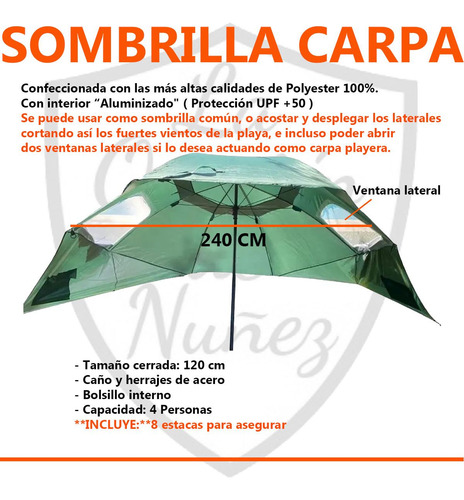 Imagen 3 de 6 de Sombrilla Carpa Playera 2.40 Mts Reforzada Iglu Para Vientos