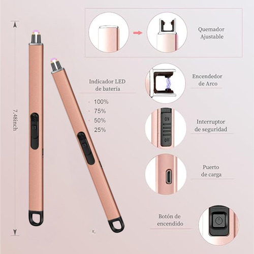 Encendedor Eléctrico Recargable Chispero Cocina Usb Estufa Plateado