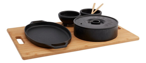 Set De 7 Piezas Fajitas Para Servir Y Calentar Tabla Bambu Color Madera