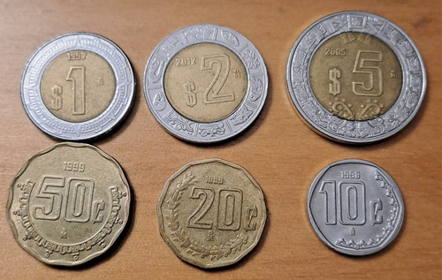 Mexico X 6 Monedas Incluye 1 Peso 1997 Bimetalica. Usadas ! (Usado)