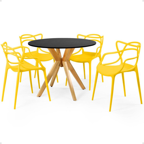Mesa De Jantar Marci Preta 100cm Com 4 Cadeiras Allegra Cor Amarelo