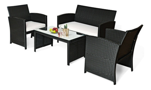 Set Patio & Jardín 4 Piezas De Mimbre Y Cojines Tipo Ratan