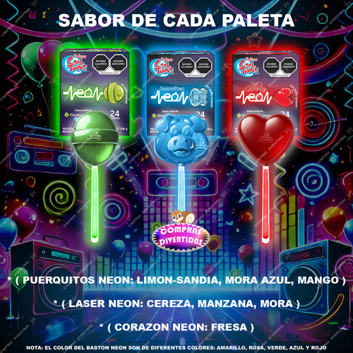 Paletas Brillan Obscuridad Neon Mix Puerquitos Corazon Laser