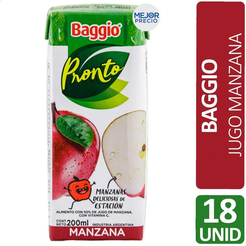 Imagen 1 de 8 de Jugo Baggio Pronto Manzana Libre Gluten Sin Tacc - Pack X18