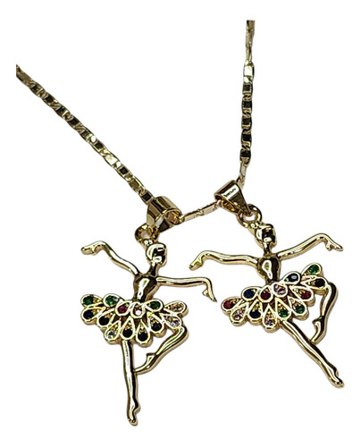 Collar De 2 Niñas Zirconias Ballet De Oro Laminado+estuche N Color Dorado