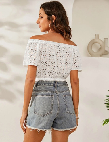 Blusa De Algodón Bordado Hombros Descubiertos Con Resorte