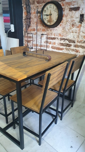 Imagen 6 de 10 de Mesa Hierro Y Madera 120x70 + 4 Sillas Industriales Exterior