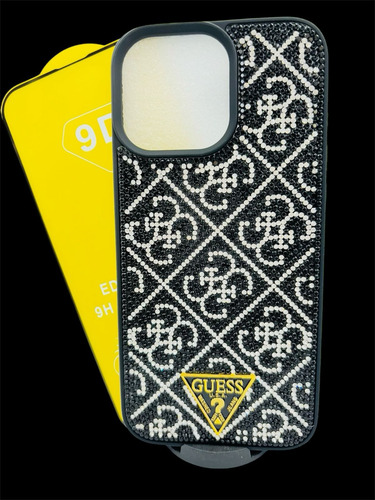 Funda Lujo Brillos + Mica Cristal Para Iphone 16 Pro Negro Lujo