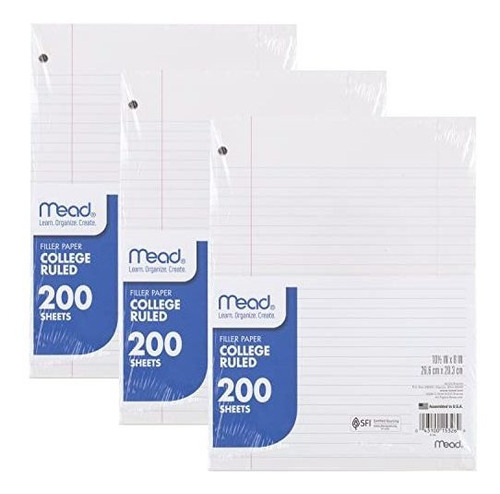 Papel Suelto Mead, 3 Paq., Hojas Cuadriculadas College, 8x