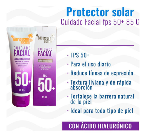 Protector Facial Caribbean Fps50 Ácido Hialurónico 85ml