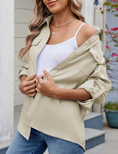 Camisas Mangas Enrolladas Con Botones Mujer Con Cuello En V