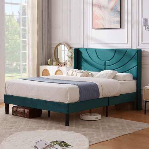 Base De Cama Matrimonial Con Cabecera Tela Ondulada Verde