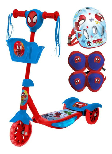 Monopatin Plegable Spidey + Kit Proteccion 3 Ruedas C/ Luces