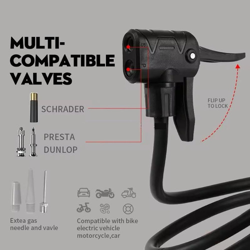 Inflador De Pie Manometro 2 Valvulas Bici Moto Pelota Picos