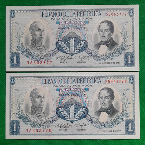 2 Billetes De 1 Pesos Consecutivos Año 1959 Primera Fecha. 