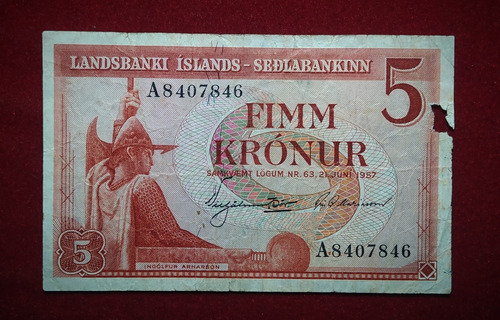 Billete 5 Kronur Islandia 1957 Pick 70 B Ingolfur Arnarson  