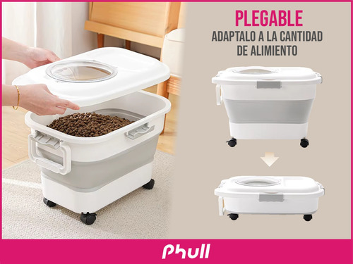 Contenedor Plegable De Alimento Comida Para Mascotas Ruedas Con Manija Ideal Mascotas Medianas Y Pequeñas Blanco Con Gris