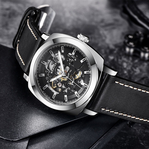Relojes Mecánicos Casuales De Cuero Hueco Benyar Fondo Plata Negro