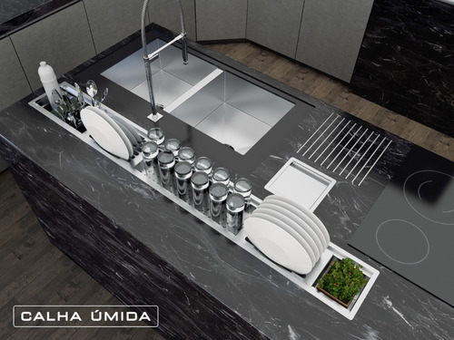 Calha Úmida Canal Equipado Escorredor Louça Inox Embutido