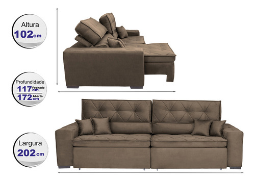 Sofá Austin 2,02m Retrátil, Reclinável com Molas no Assento e Almofadas, Suede Café Cama inBox