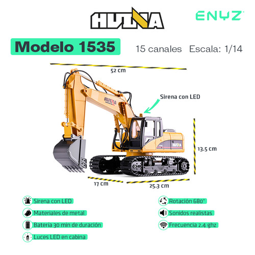 Excavadora A Control Remoto Rc Huina 1535 Metal 1:14 15 Canales 2.4ghz Professional Excavator Rc De Construcción Retroexcavadora Rc Excavadora Rc De Juguete