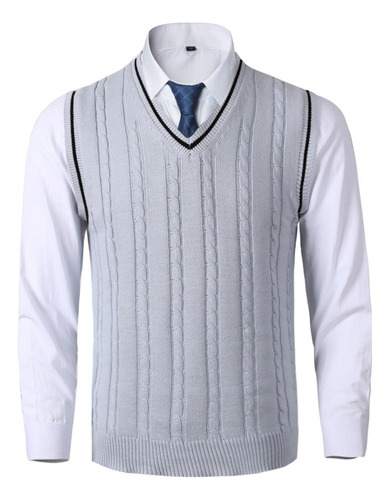 Chaleco Tejido Hombre Estilo Preppy Cuello En V Slim Cut