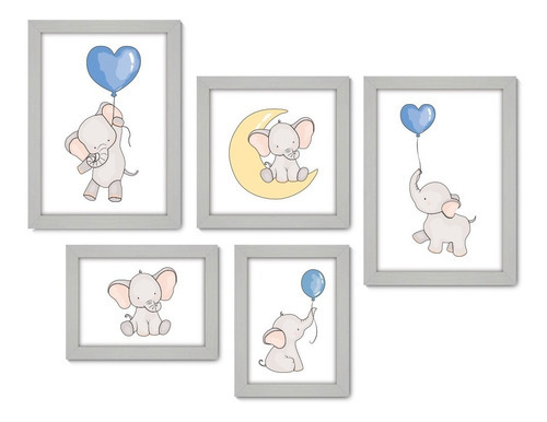 Kit Com 5 Quadros Decorativos - Elefantes Infantil Baby 316 Cor Moldura Branca