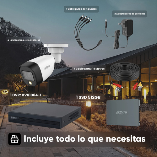Kit De Videovigilancia Dahua Kit/xvr1b04-i-ssd512g4hfw1209 4 Cámaras Bala 2mp Fhd Fullcolor Con Certificación Ip67 | 512gb Ssd | Luz Blanca + Starlight 20m | Lente De 2.8 Mm 106 Grados De Apertura