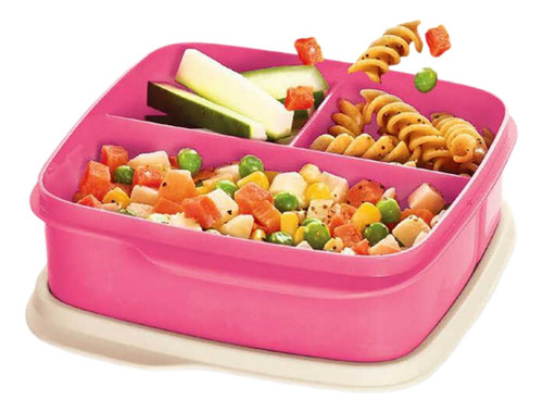Contenedor Eco Lunch Cuadrado 3 Diviciones Tupperware Rosa Tapa Blanca