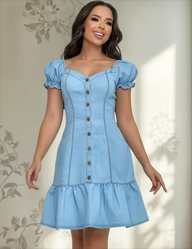 Vestido Feminino Jeans Manga Princesa Peplum Casual Botões