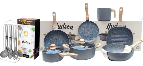 Set Juego Ollas Hudson Cerámica Granito 14p Utensillos Nylon