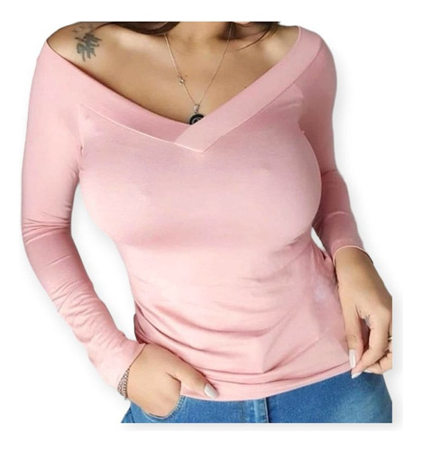 Remera Manga Larga Strapless Cuello Bote Detalle Escote V