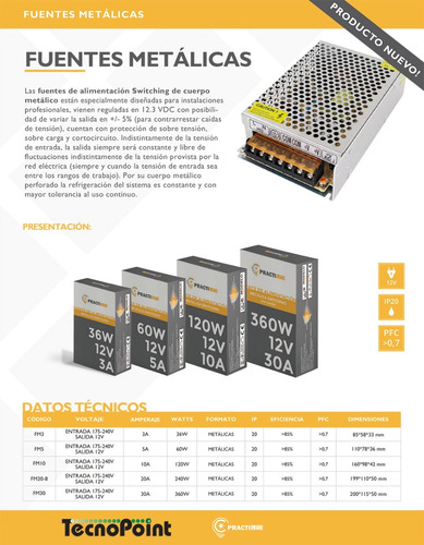 Imagen 4 de 8 de Fuente Switching Metalica Interior 12v 3 Amp Tecnopointled