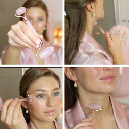 Rodillo Facial De Cuarzo Rosa Alta Calidad Herramienta Masaj Color