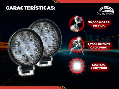 2 Faros 9 Led Redondos O Cuadrados Luz Fija Y Estrobo Slim