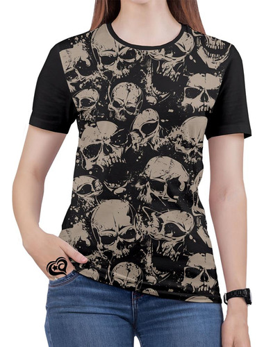 Camiseta Caveira Feminina Rocker Rock Roll Moto Fogo Blusa