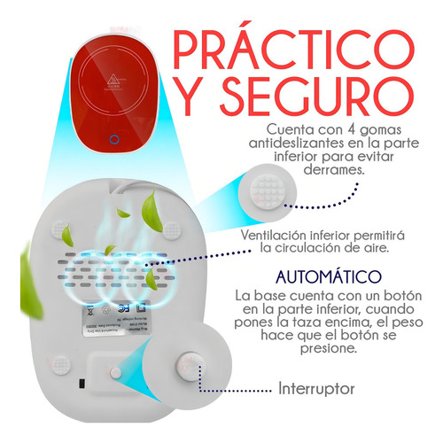 Kit Taza Calentador Eléctrico Cerámica Corona Posavasos Café Color Rojo