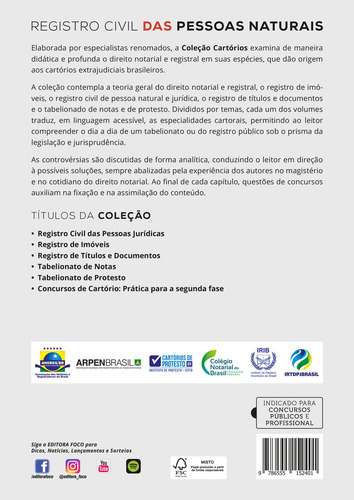 REGISTRO CIVIL DAS PESSOAS NATURAIS - 3ª ED - 2021, de Gagliardi, Andreia Ruzzante. Cartórios Editorial Editora Foco Jurídico Ltda, capa mole em português, 2021