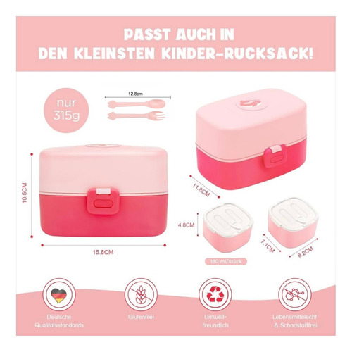 Set De Viandas Infantil Lunchera Hermética Con Cubiertos Rosa