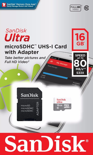 Imagem 1 de 6 de Cartão Memória 16gb Micro Sd Ultra 80mbs Classe 10 Sandisk 