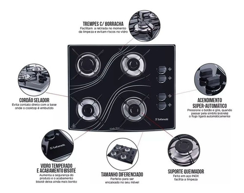Imagem 2 de 10 de Fogao Cooktop 4 Bocas Preto Lines Safanelli Bivolt (fcl40)