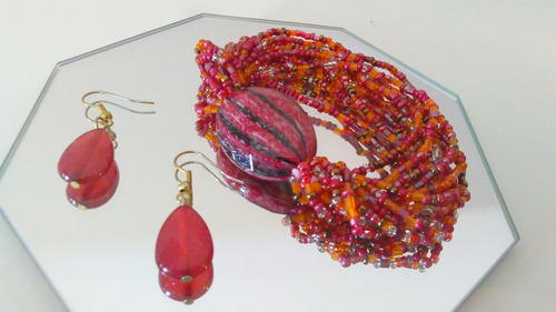 Pulsera Y Zarcillos De Mostacillas Y Piedra Accesorios Dama