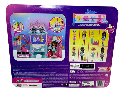 Playset Conjunto Boutique Loja De Moda Do Unicórnio - Acompanha Boneca Menina Loira Polly Pocket E Negra Shani Com Acessórios Roupa Roupinha Que Mudam De Cor Com Água - Mattel Brinquedos