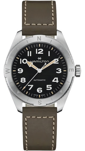 Reloj Hamilton Ha70315540 Khaki Field Expedition Auto Correa Marrón Bisel Plateado Fondo Negro