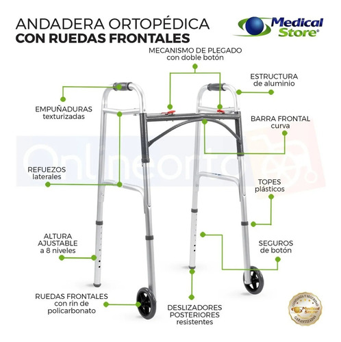 Andadera Ortopédica Aluminio Con Ruedas Plegable