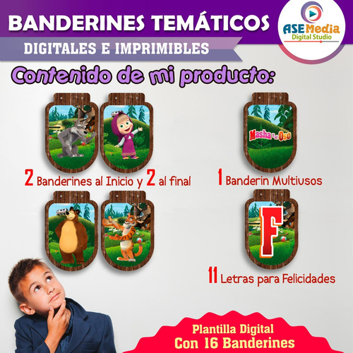 Banderín Masha Y El Oso Letrero Cumpleaños Imprimible Pdf