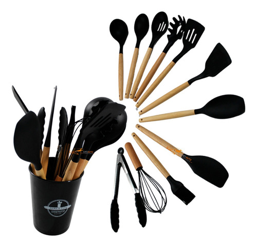 Kit 12 Utensílios De Cozinha Em Cabo De Madeira E Silicone Cor Preto